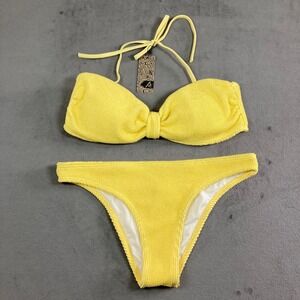New Asbayson Goose Yellow Textured Smocked Bandeau Bikini Set XL